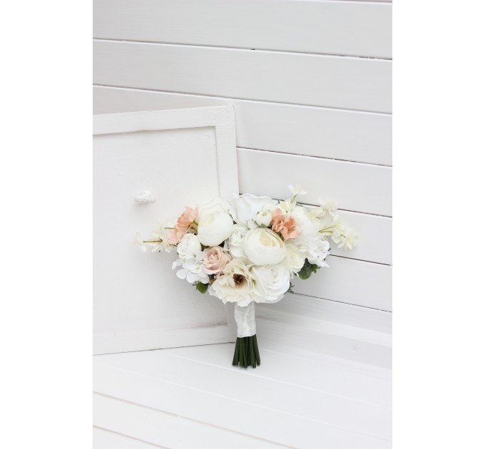 Spring & Summer Wedding Bouquets in White, Beige, Peach & Dusty Blue | Faux Bridal & Bridesmaid Daisy Bouquets