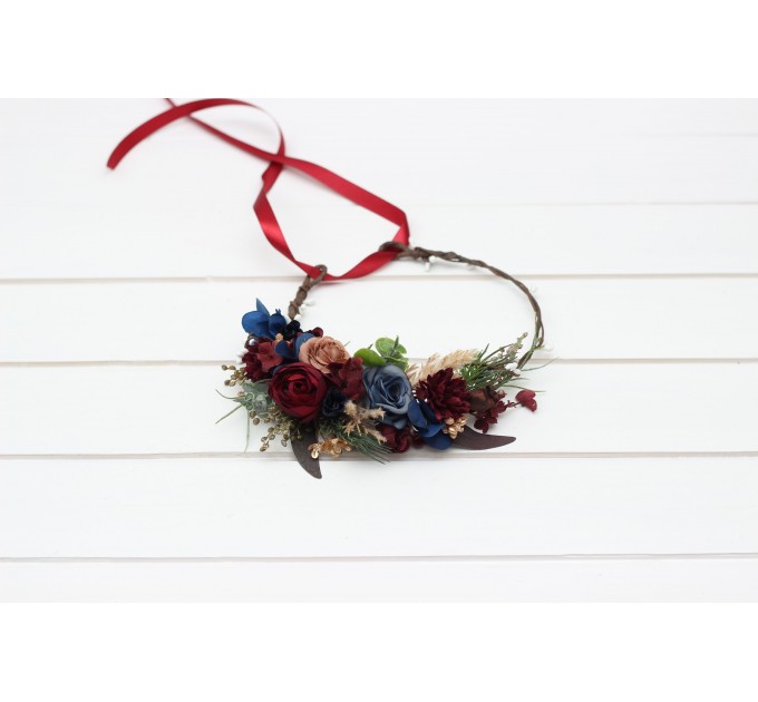 Burgundy navy blue gold flower crown. Hair wreath. Flower girl crown. Wedding flowers. 0031