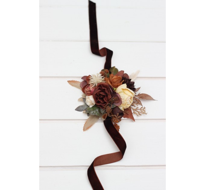 Wedding Boutonnieres & Wrist Corsage in Terracotta, Brown, Gold & Cream | Faux Flower Accessories