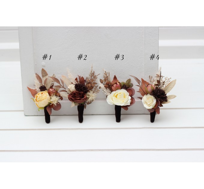 Wedding Boutonnieres & Wrist Corsage in Terracotta, Brown, Gold & Cream | Faux Flower Accessories
