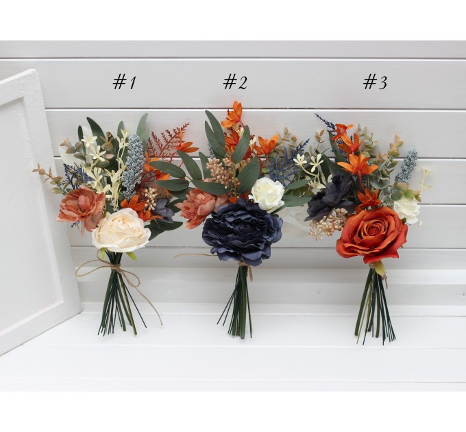 Mini bouquets for vases. Flowers for wedding decor in orange ivory rust navy blue colors. 5115