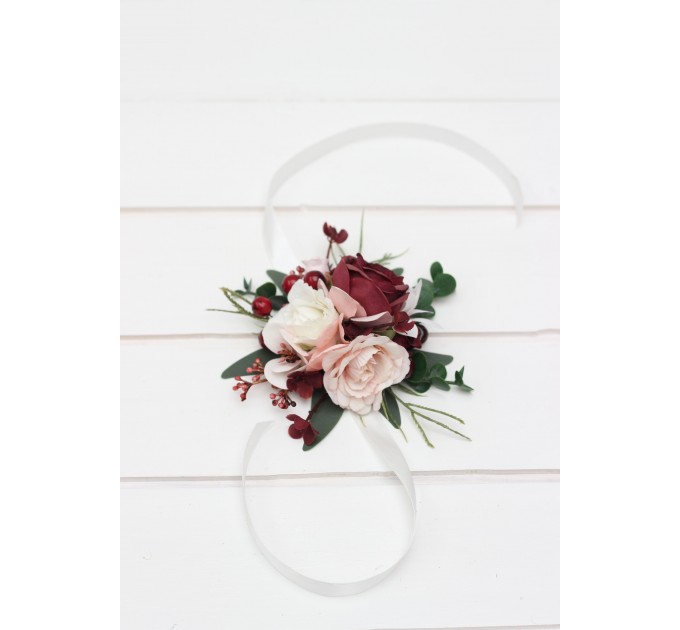 Wedding Boutonnieres & Wrist Corsage in Burgundy, Pink, White & Ivory | Faux Flower Accessories