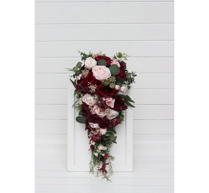 Wedding Bouquets in Burgundy & Blush Pink | Cascading Faux Bridal & Bridesmaid Bouquets