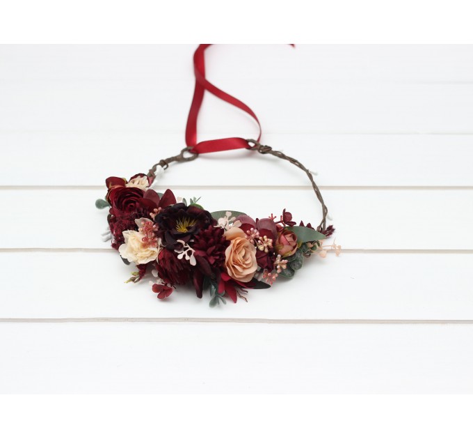 Burgundy red dusty rose peach flower crown. Hair wreath. Flower girl crown. Wedding flowers. 0501