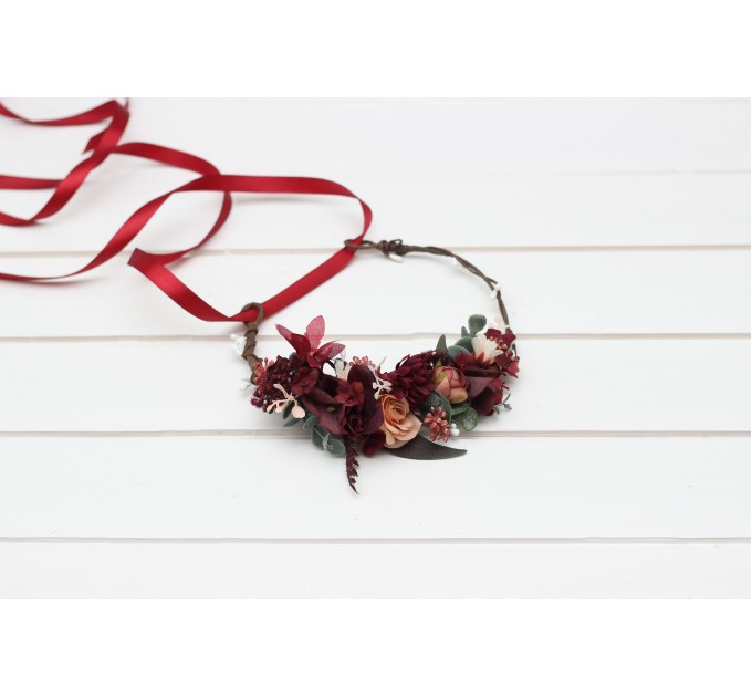 Burgundy red dusty rose peach flower crown. Hair wreath. Flower girl crown. Wedding flowers. 0501