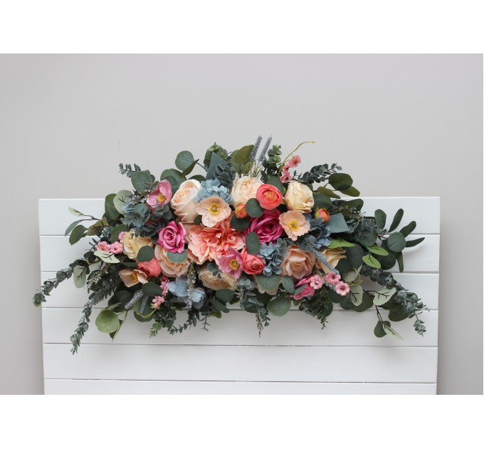 Flower Arch Arrangement in Magenta, Peach, Coral & Dusty Blue | Faux Floral Archway for Wedding