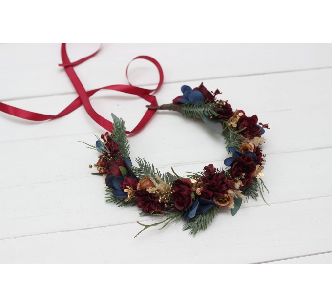 Burgundy navy blue gold flower crown. Hair wreath. Flower girl crown. Wedding flowers. 0031