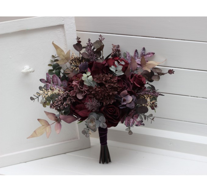 Wedding Bouquets in Deep Purple & Burgundy | Cascading Faux Bridal & Bridesmaid Bouquets