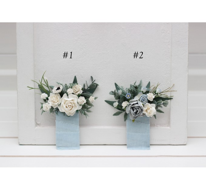 Pocket Boutonniere in White & Dusty Blue | Faux Flower Accessories