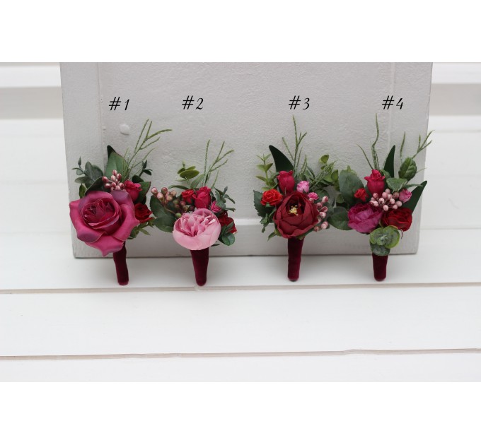 Wedding boutonnieres and wrist corsage in magenta pink red color scheme. Flower accessories. 5280