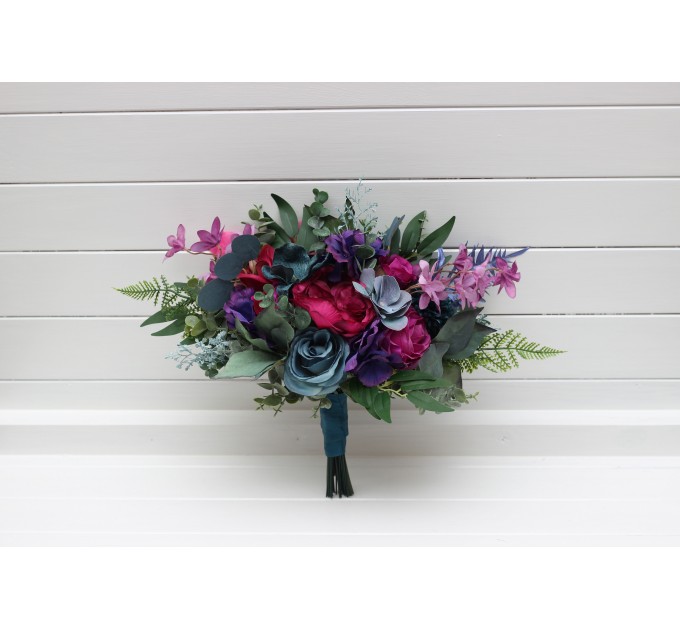 Wedding Bouquets in Teal, Magenta, Blue & Purple | Cascading Faux Bridal & Bridesmaid Bouquets
