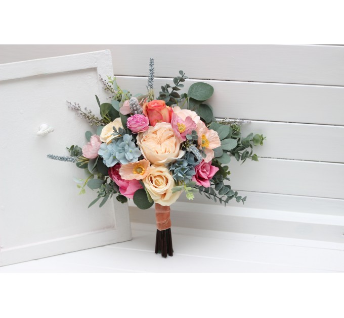 Spring & Summer Wedding Bouquets in Magenta, Peach, Coral & Dusty Blue | Faux Bridal & Bridesmaid Bouquets