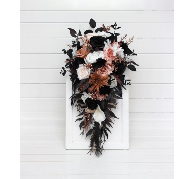 Dusty Rose, Black, Cinnamon, and White Cascading Wedding Bouquets – Gothic Bridal & Bridesmaid Designs