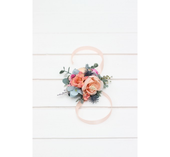 Wedding Boutonnieres & Wrist Corsage in Magenta, Peach, Coral & Dusty Blue | Faux Flower Accessories