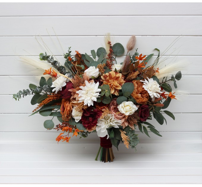 Wedding Bouquets in Cinnamon, Ivory, Burgundy & Orange | Faux Bridal & Bridesmaid Bouquets