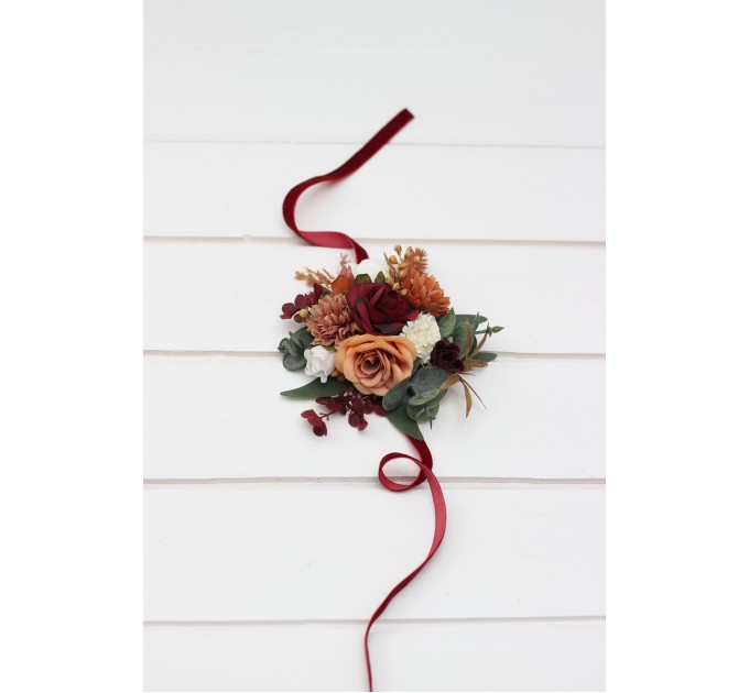 Wedding Boutonnieres & Wrist Corsage in Cinnamon, Ivory, Burgundy & Orange | Faux Flower Accessories