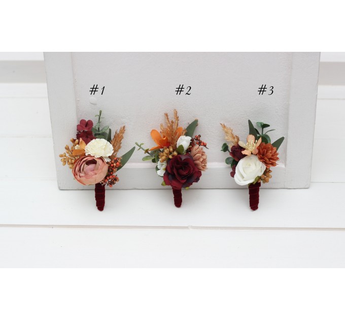 Wedding Boutonnieres & Wrist Corsage in Cinnamon, Ivory, Burgundy & Orange | Faux Flower Accessories