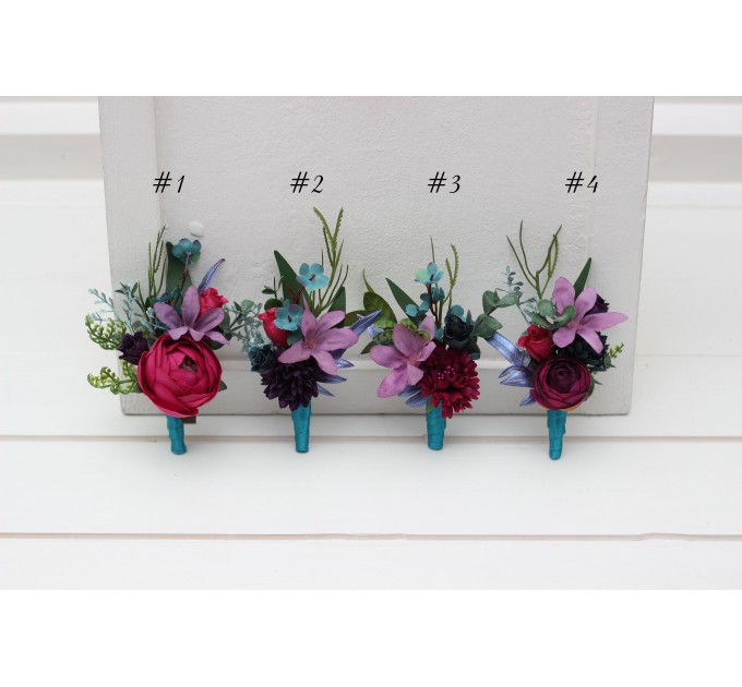 Wedding Boutonnieres & Wrist Corsage in Teal, Magenta, Blue & Purple | Faux Flower Accessories