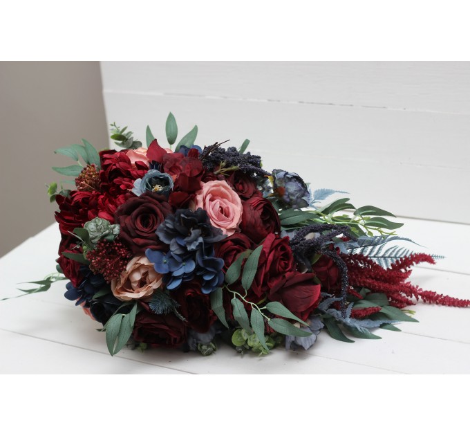 Wedding Bouquets in Burgundy, Navy Blue & Blush Pink | Large Bridal & Cascading Faux Flowers