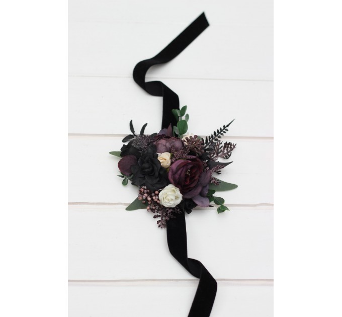 Wedding Boutonnieres & Wrist Corsage in Deep Purple, Black, Ivory & Green | Faux Flower Accessories