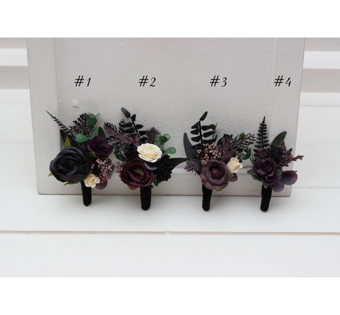 Wedding Boutonnieres & Wrist Corsage in Deep Purple, Black, Ivory & Green | Faux Flower Accessories