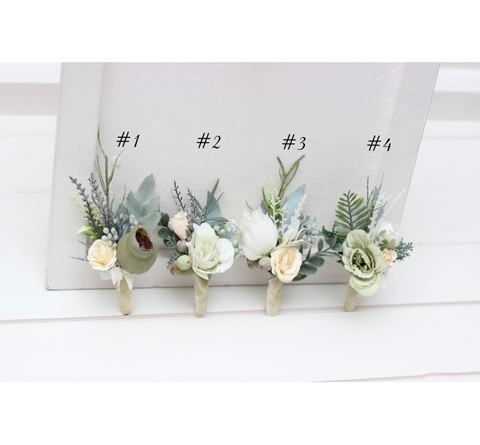 Wedding Boutonnieres & Wrist Corsage in Sage Green & Ivory | Faux Flower Accessories