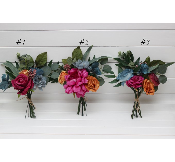 Mini bouquets for vases. Flowers for wedding decor in magenta orange dusty blue colors. Jewel tone wedding. 5187