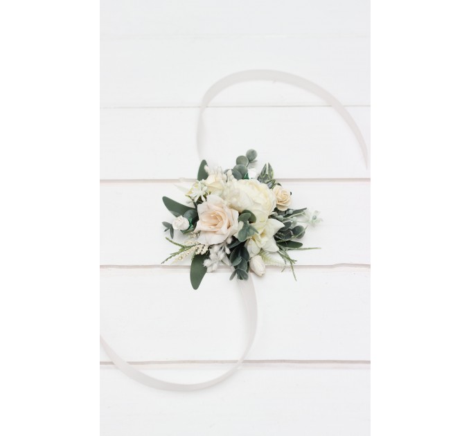 Wedding Boutonniere & Wrist Corsage in White & Ivory | Faux Flower Accessories