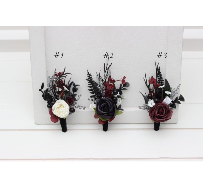 Wedding Boutonnieres & Wrist Corsage in Black, White, Silver & Burgundy | Faux Flower Accessories