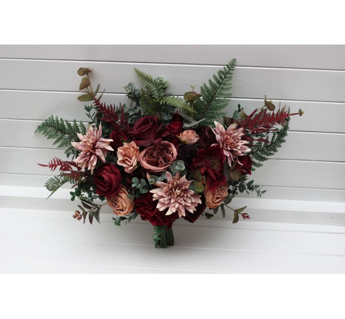 Wedding Bouquets in Dusty Rose, Burgundy & Deep Green | Faux Bridal & Bridesmaid Bouquets