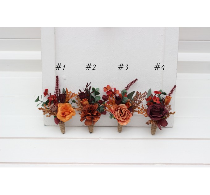 Wedding Boutonnieres & Wrist Corsage in Burgundy, Dusty Rose, Terracotta & Rust | Faux Flower Accessories