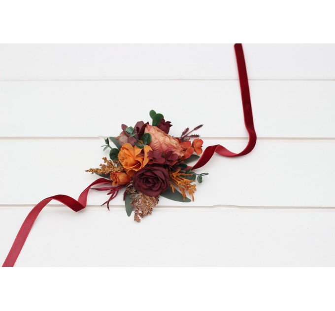Wedding Boutonnieres & Wrist Corsage in Burgundy, Dusty Rose, Terracotta & Rust | Faux Flower Accessories