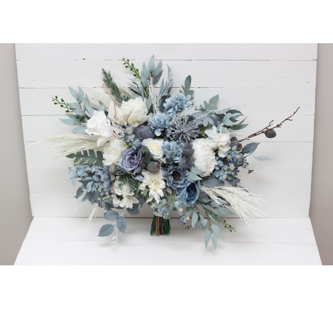Wedding Bouquets in Dusty Blue & White | Cascading Bridal & Bridesmaid Faux Bouquets