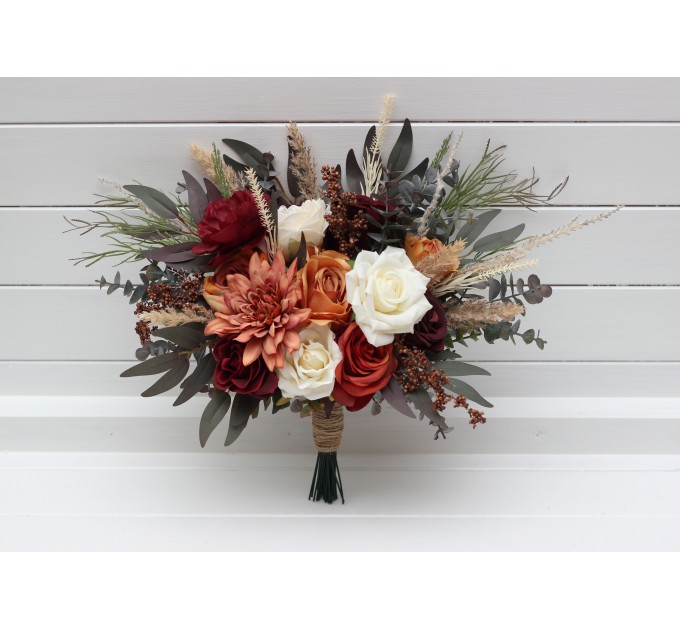 Wedding Bouquets in Rust, Burgundy & Ivory | Faux Bridal & Bridesmaid Bouquets