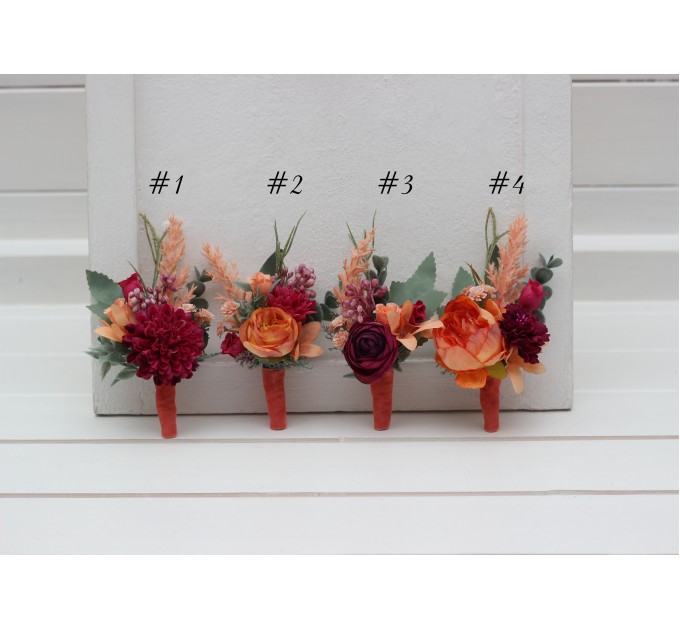 Wedding boutonnieres and wrist corsage in magenta peach coral color scheme. Flower accessories. 5295