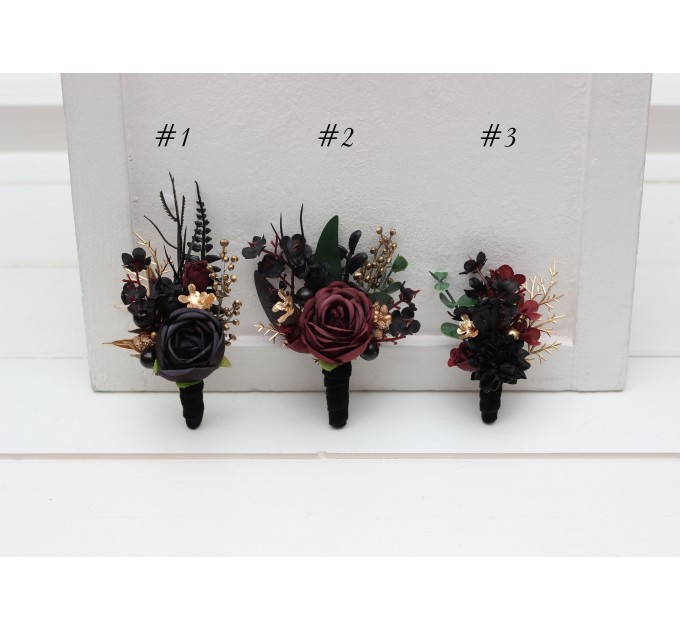 Wedding Boutonnieres and Wrist Corsage in Black, Burgundy & Gold | Flower Accessories