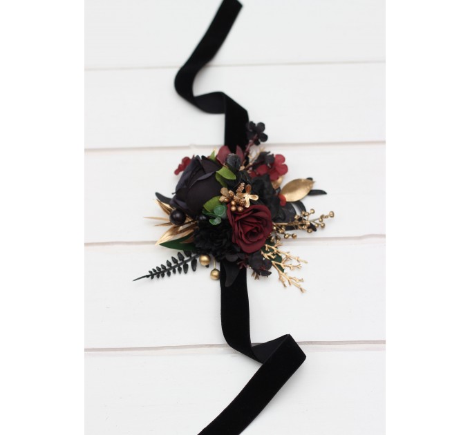 Wedding Boutonnieres and Wrist Corsage in Black, Burgundy & Gold | Flower Accessories