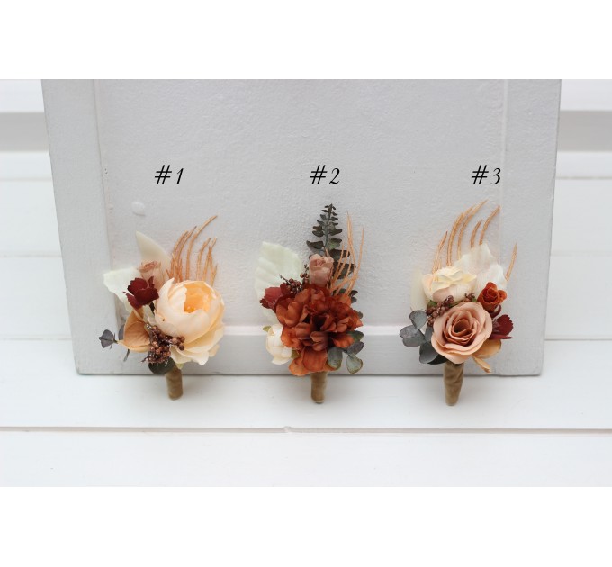 Wedding boutonnieres and wrist corsage in terracotta brown creamcolor scheme. Flower accessories. 5100