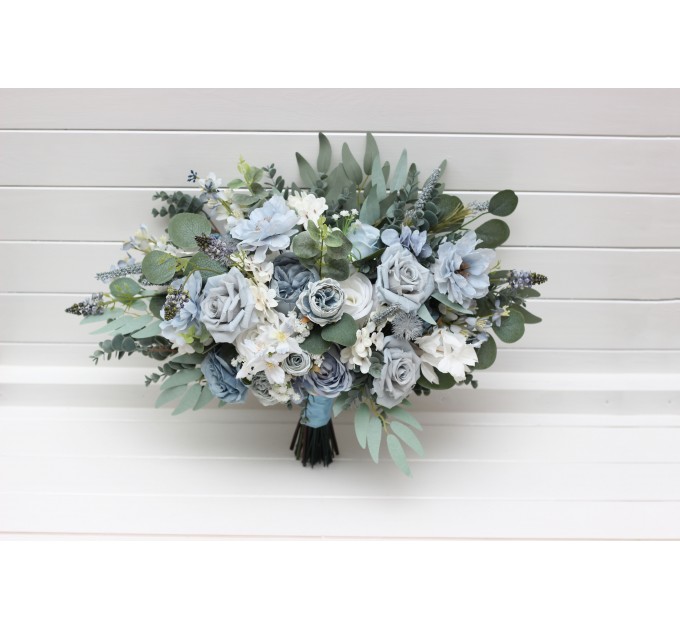 Dusty Blue & Sky Blue Bridal Bouquet | Peonies, Roses & Anemones with Sage Green for Boho Weddings