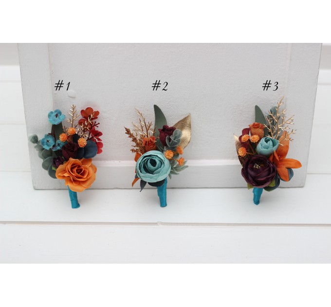Wedding boutonnieres and wrist corsage in teal rust gold plum color scheme. Flower accessories. 5222
