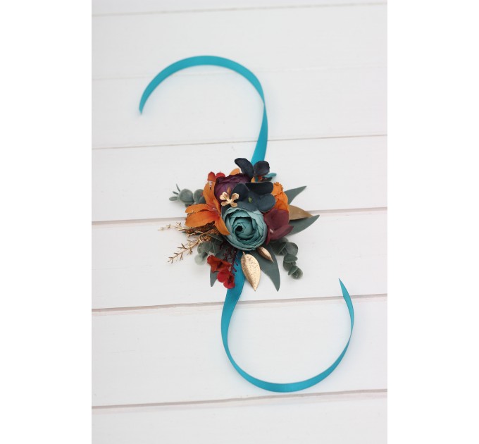 Wedding boutonnieres and wrist corsage in teal rust gold plum color scheme. Flower accessories. 5222