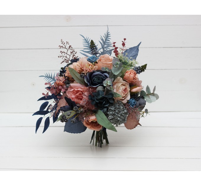 Wedding Bouquets in Navy Blue & Dusty Rose | Cascading Faux Bridal & Bridesmaid Bouquets