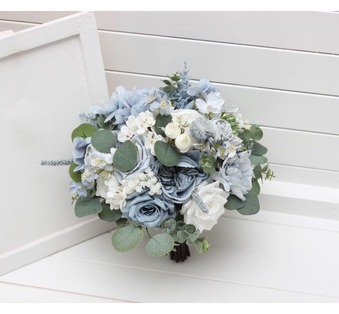 Dusty Blue & Sky Blue Bridal Bouquet | Peonies, Roses & Anemones with Sage Green for Boho Weddings