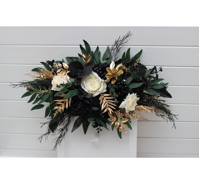 Flower Arch Arrangement in Hunter Green, Ivory, Black, and Gold