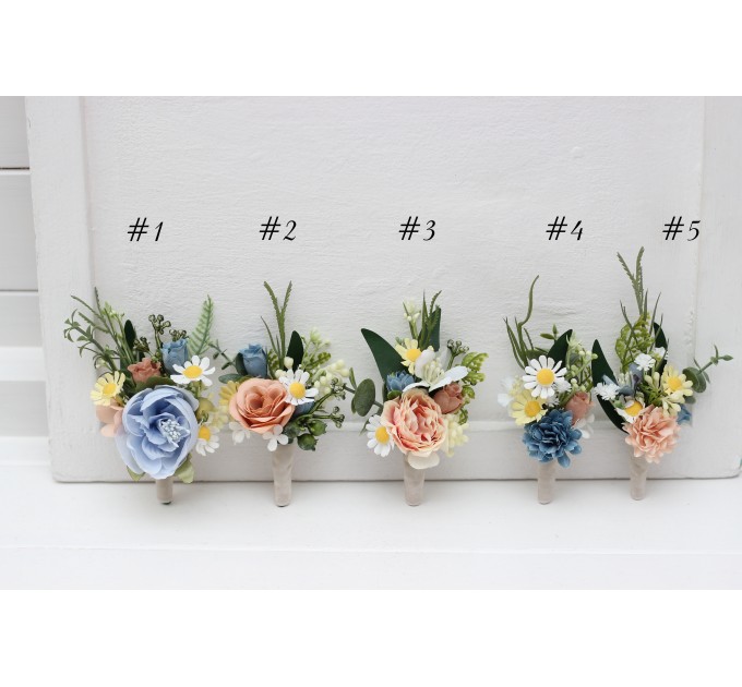 Wedding Boutonnieres & Wrist Corsage in Ivory, Yellow, Peach & Dusty Blue | Faux Flower Accessories