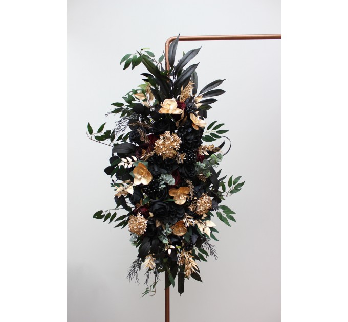 Flower Arch Arrangement in Black, Burgundy, Gold & Green | Faux Floral Archway for Wedding