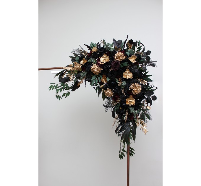 Flower Arch Arrangement in Black, Burgundy, Gold & Green | Faux Floral Archway for Wedding