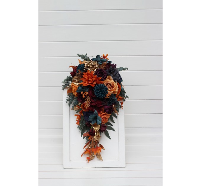 Wedding Bouquets in Teal, Rust, Gold, Plum & Mustard | Cascading Faux Bridal & Bridesmaid Bouquets