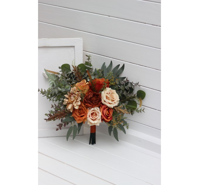 Wedding Bouquets in Rust, Orange & Gold | Dahlia & Rose Faux Bridal & Bridesmaid Cascading Bouquets