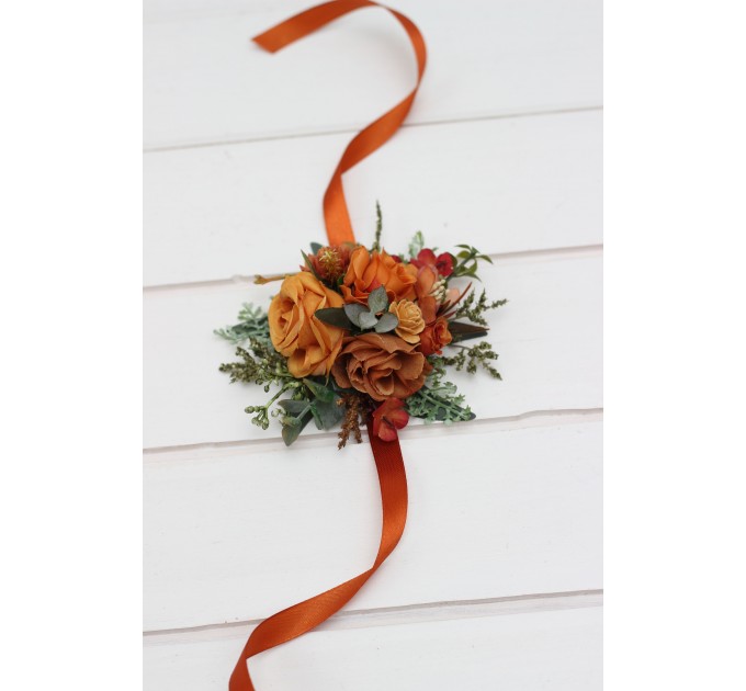 Wedding Boutonnieres and Wrist Corsage in Rust Orange | Flower Accessories